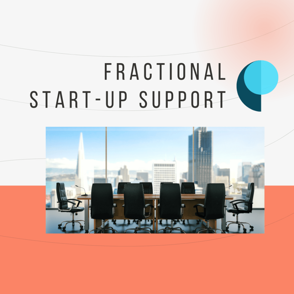 An empty conference room with several black chairs around a long table, set against a backdrop of a city skyline featuring tall buildings and a clear blue sky. The text overlay reads 'FRACTIONAL START-UP SUPPORT'.